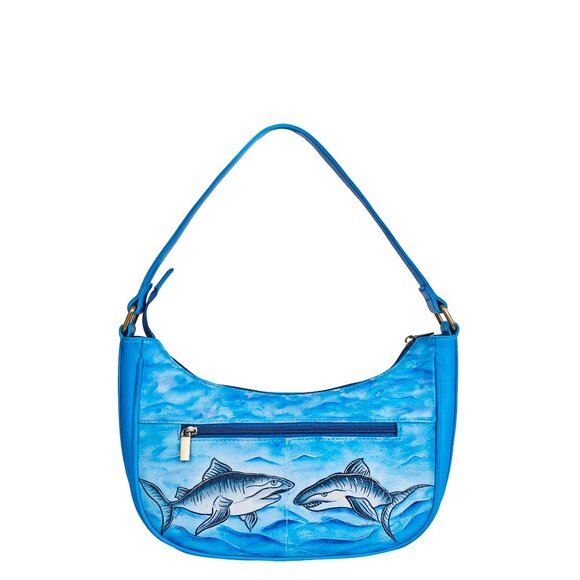 Hand-Painted Ladies Hobo Shoulder Bag –Ocean Blue Leather Tote Sling Bag Handbag - Picture 4 of 9